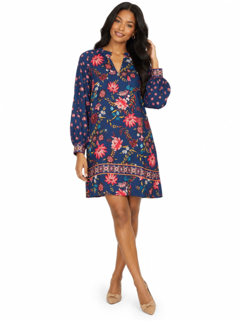 LOFT Plus Size 18 Long Sleeve Floral Satin Shift Dress in Blue and Pink